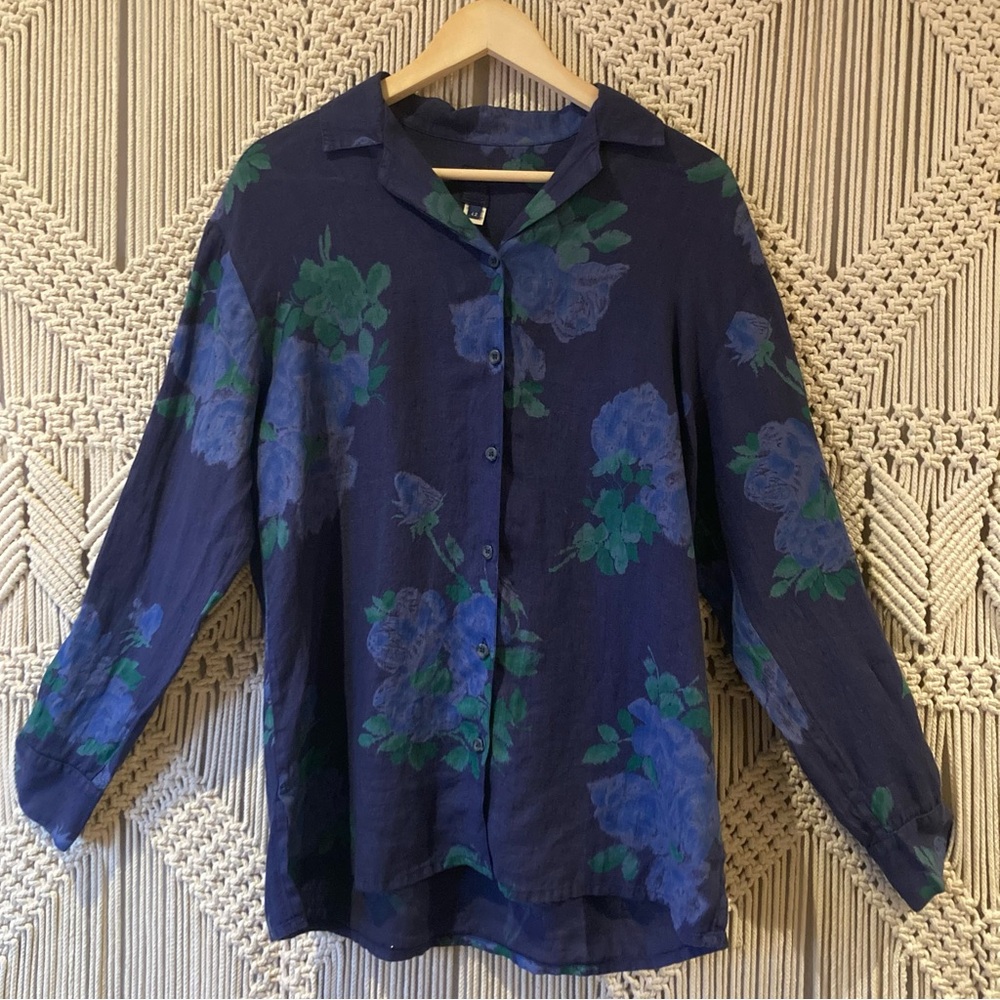 120% Lino Blue Floral Linen Button Up Collared Shirt